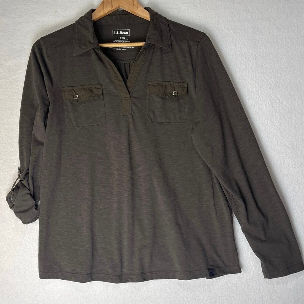 LL Bean Womens Brown V Neck Shirt Collar Roll Tab Sleeve Pocket Size Large